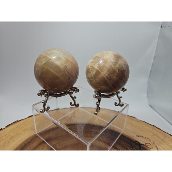 Peach Moonstone Spheres 1 Pair 55mm Each W/Stands - Picture 4 of 11